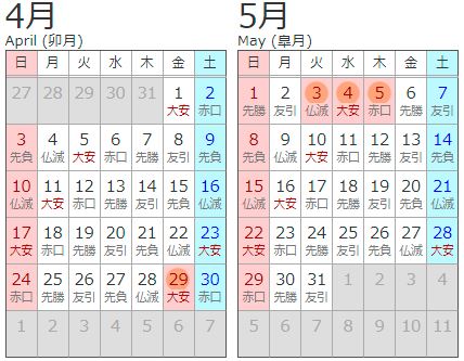 2011年カレンダー4月5月